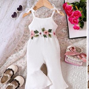 Baby Girl Floral Embroidery Appliques Lettuce Trim Flare Leg Cami Jumpsuit